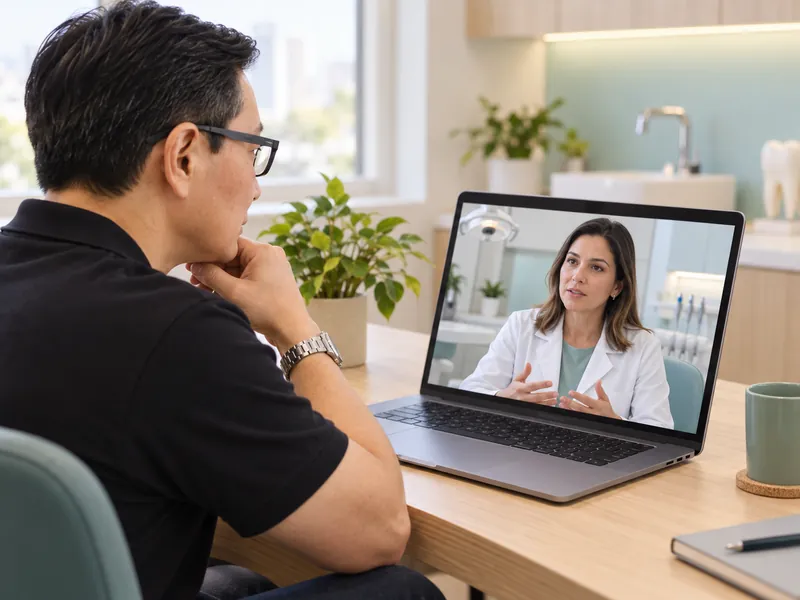 Cena ilustrativa de Elton Kavano em videochamada com uma dentista de outra cidade sobre o perfil do consultório no Google