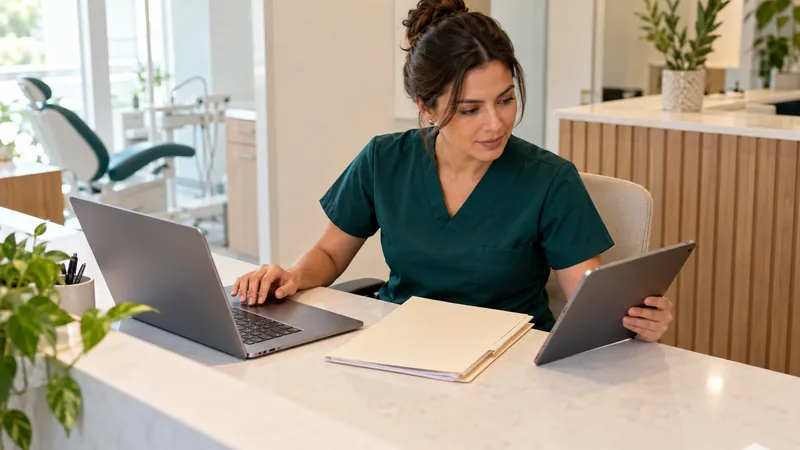 Dentista conferindo informações no tablet e no notebook sobre a bancada do consultório