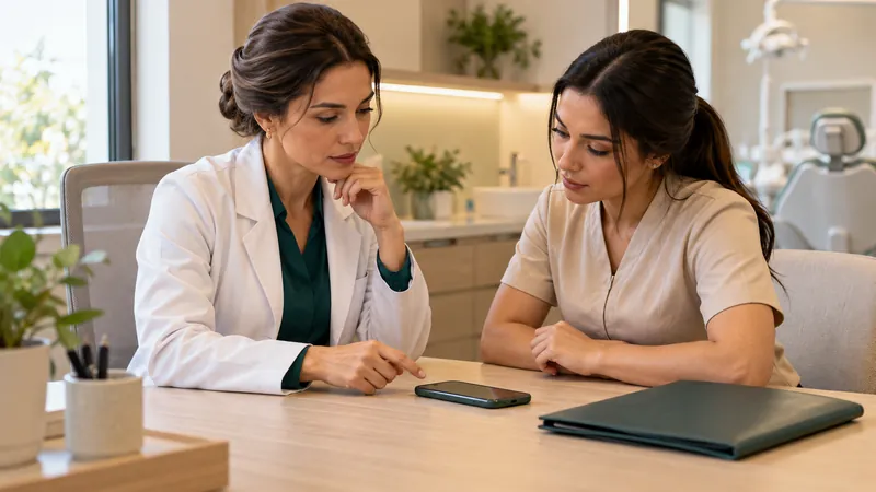 Dentista de jaleco e paciente conversando à mesa do consultório, com um celular sobre a mesa