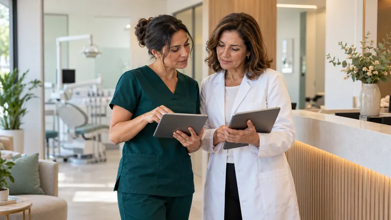 Duas dentistas comparando informações em tablets dentro de um consultório odontológico