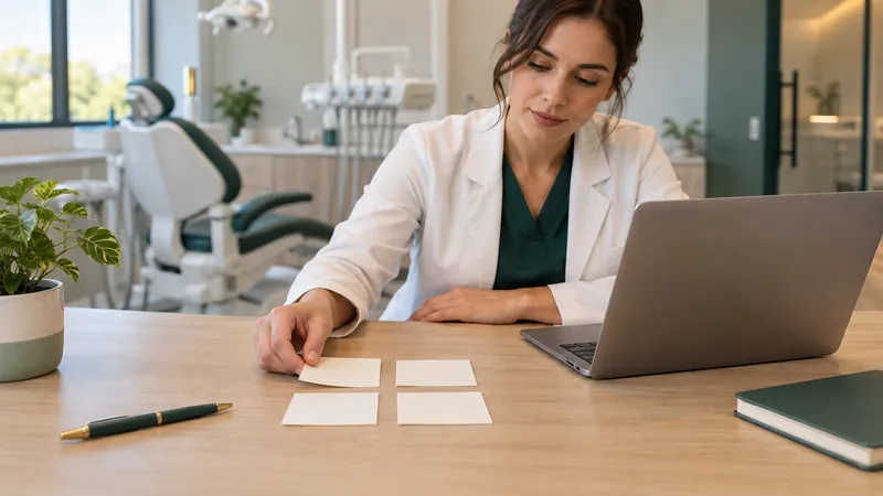 Dentista organizando sobre a mesa cartões com as seções do site do consultório, ao lado do notebook