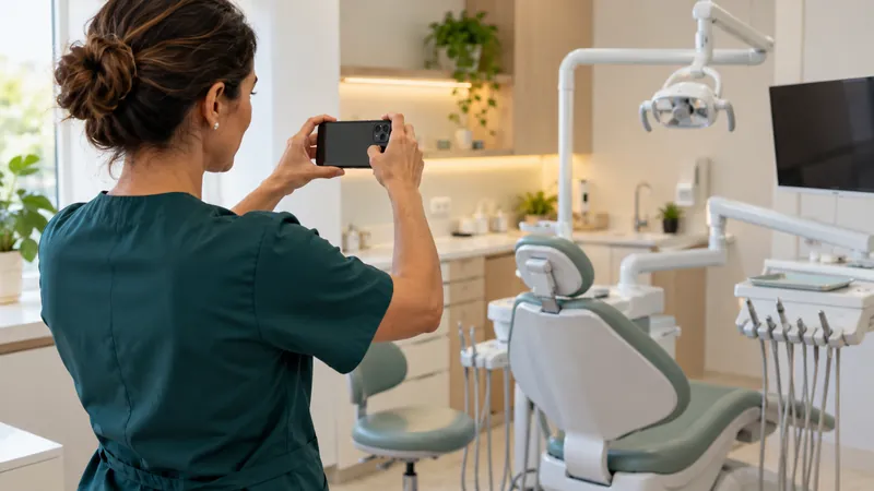 Dentista fotografando com o celular a sala de atendimento para publicar no perfil do Google