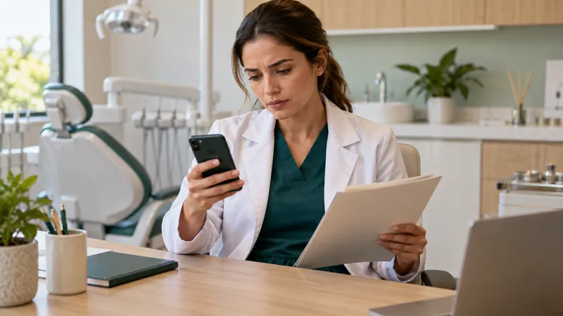 Dentista com expressão preocupada comparando uma folha de papel com informações no celular