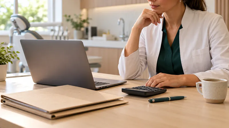 Dentista com calculadora, notebook e pasta na mesa, fazendo a conta do custo de um site para o consultório