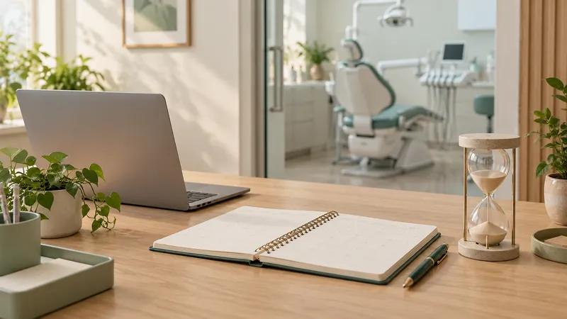 Ampulheta, caderno e notebook na mesa do consultório, representando o tempo até o perfil aparecer no Google Maps