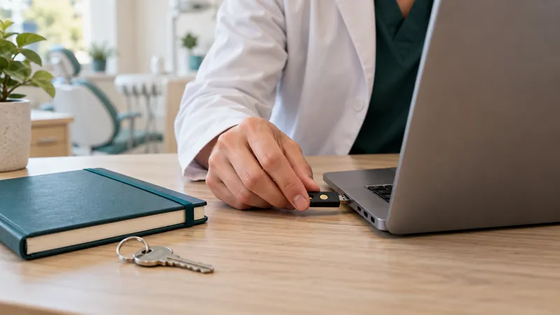 Mão de dentista sobre o notebook ao lado de uma chave e de um caderno, representando a retomada do acesso ao perfil do Google