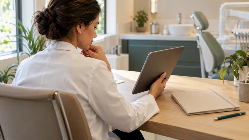 Dentista de jaleco consultando um tablet à mesa do consultório, com notebook ao lado