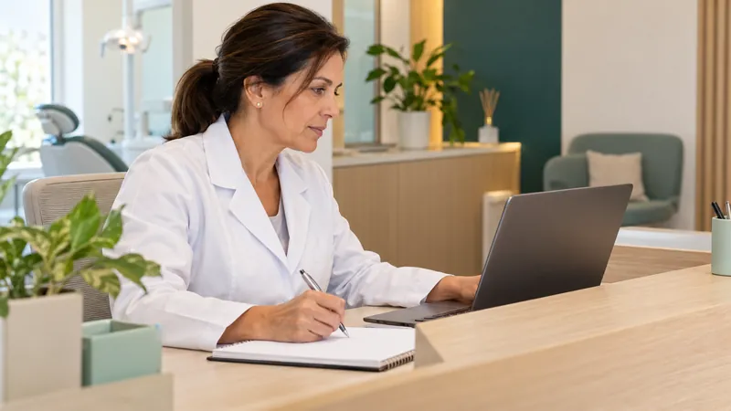 Dentista escrevendo no caderno enquanto consulta um notebook no consultório