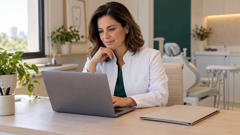 Dentista com expressão tranquila digitando no notebook à mesa do consultório