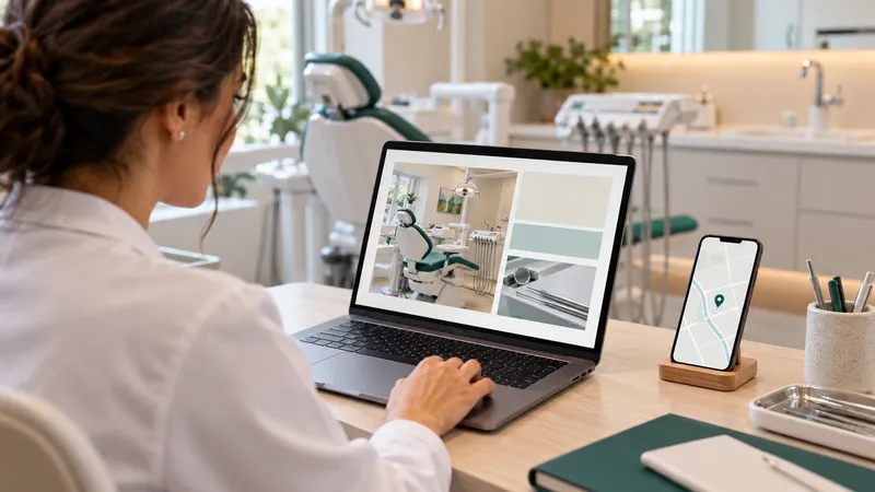 Dentista olhando uma representação de site odontológico no notebook, com mapa ilustrativo no celular ao lado