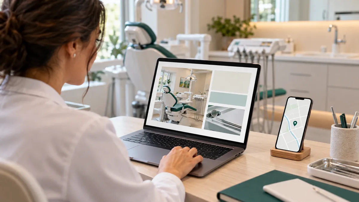 Dentista olhando uma representação de site odontológico no notebook, com mapa ilustrativo no celular ao lado