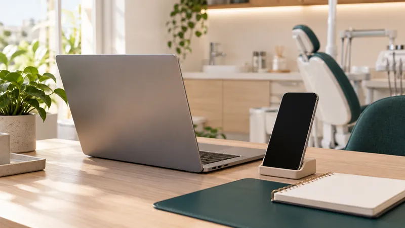 Notebook e celular com telas escuras sobre a mesa, ao lado de um caderno no consultório