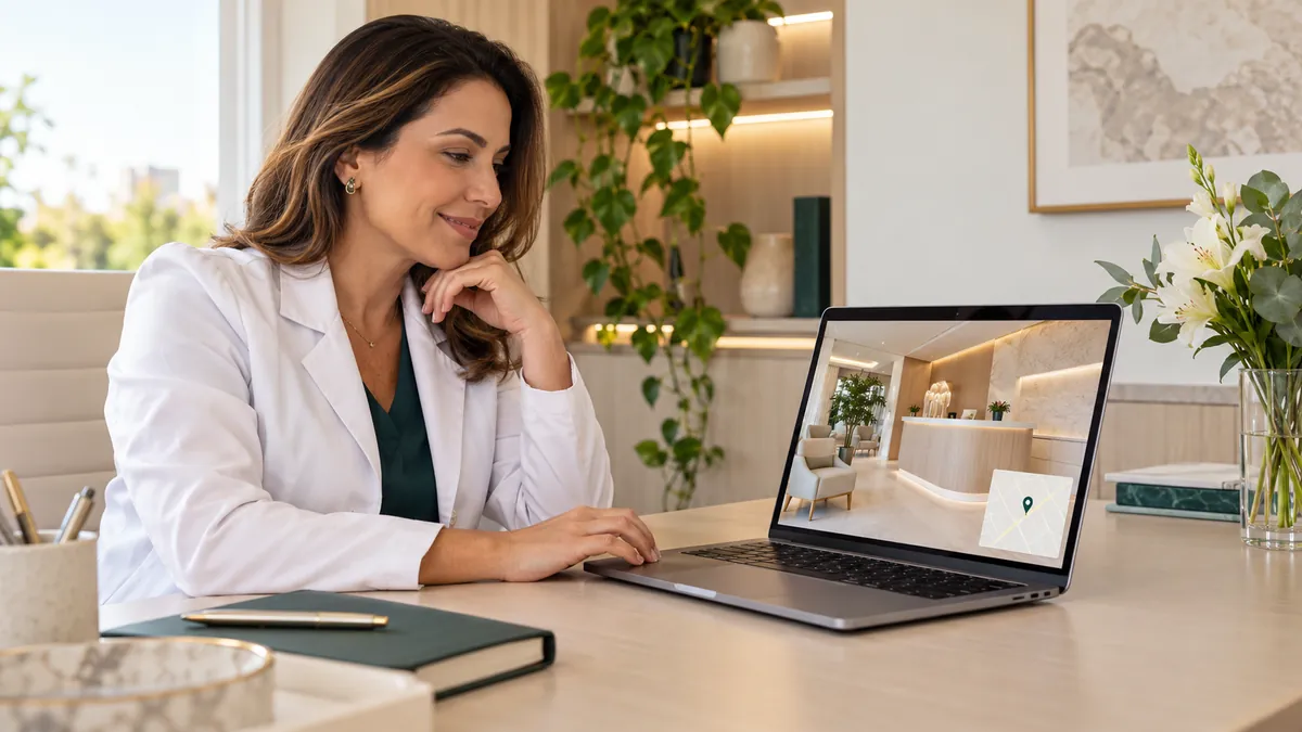 Dentista de clínica de estética odontológica sorrindo ao ver no notebook as fotos do consultório para o perfil do Google