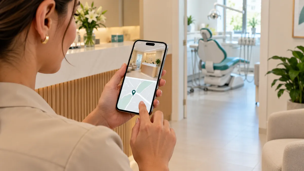 Mulher consultando um mapa ilustrativo no celular, na recepção de um consultório odontológico