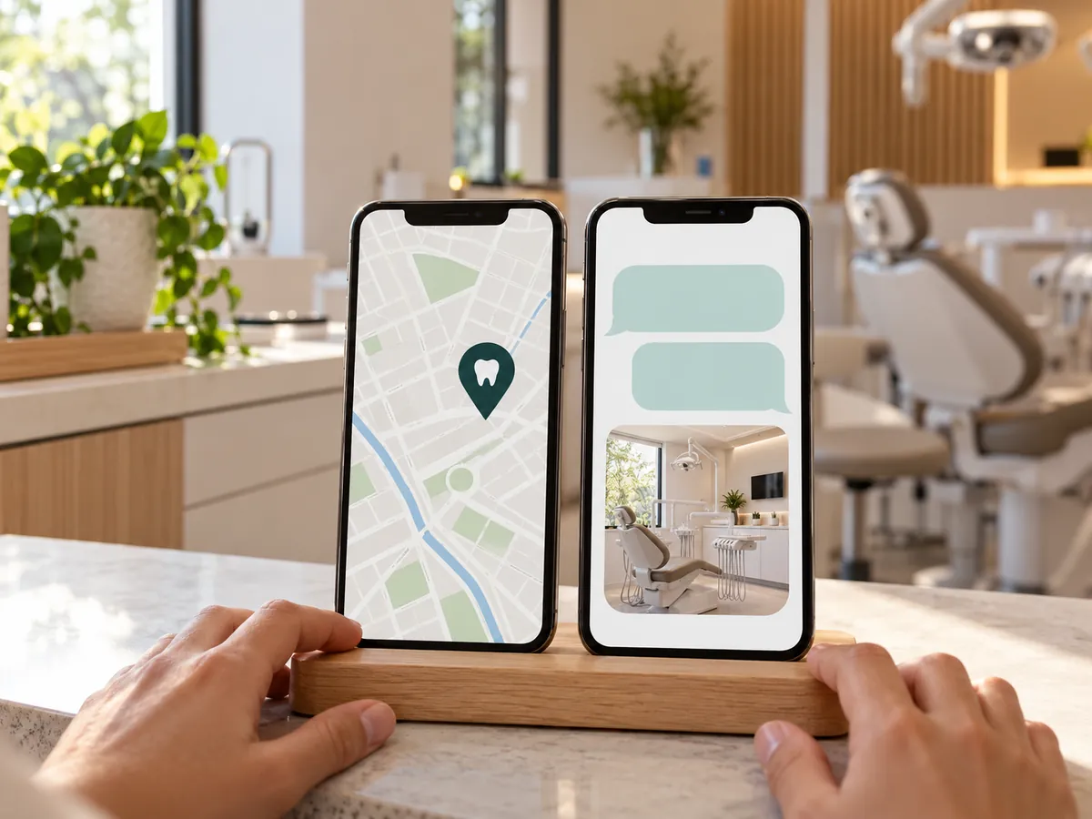 Telas ilustrativas de busca local e conversa com assistente digital em dois celulares