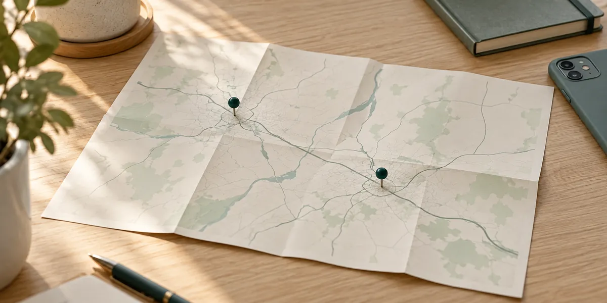 Representação ilustrativa da área de atendimento, com dois marcadores em um mapa esquemático sem escala geográfica