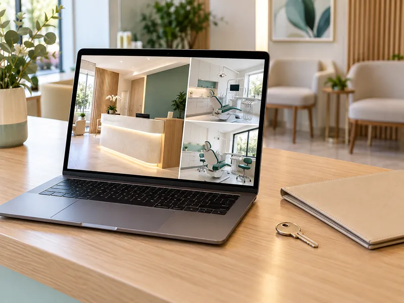 Representação ilustrativa de site próprio de consultório no notebook, com uma chave sobre a mesa