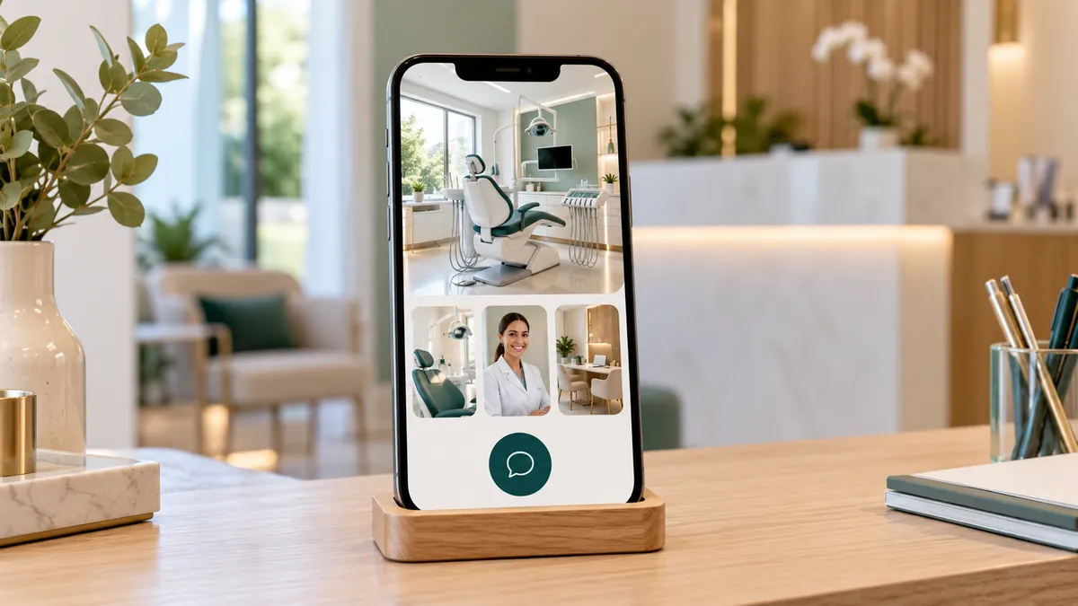 Celular em suporte de madeira com representação de site odontológico do NKX Vitrine